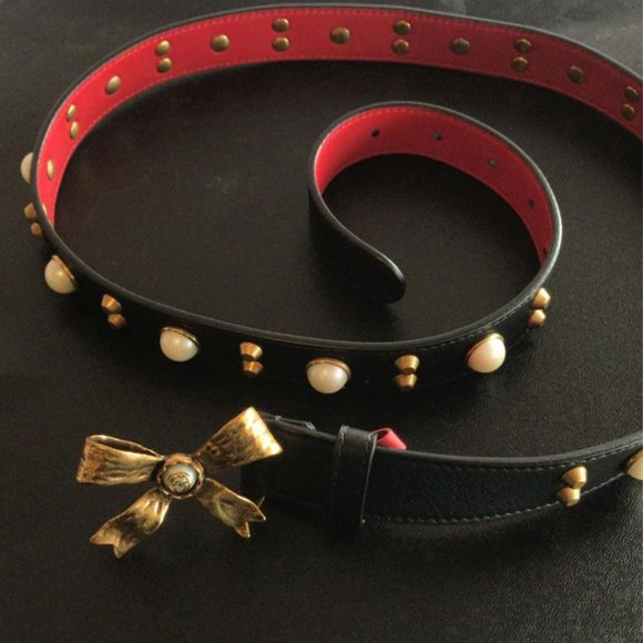 Gucci Studded Leather Belt Metal Bow Hibiscus Red Black Belt Moon Pearl NEW